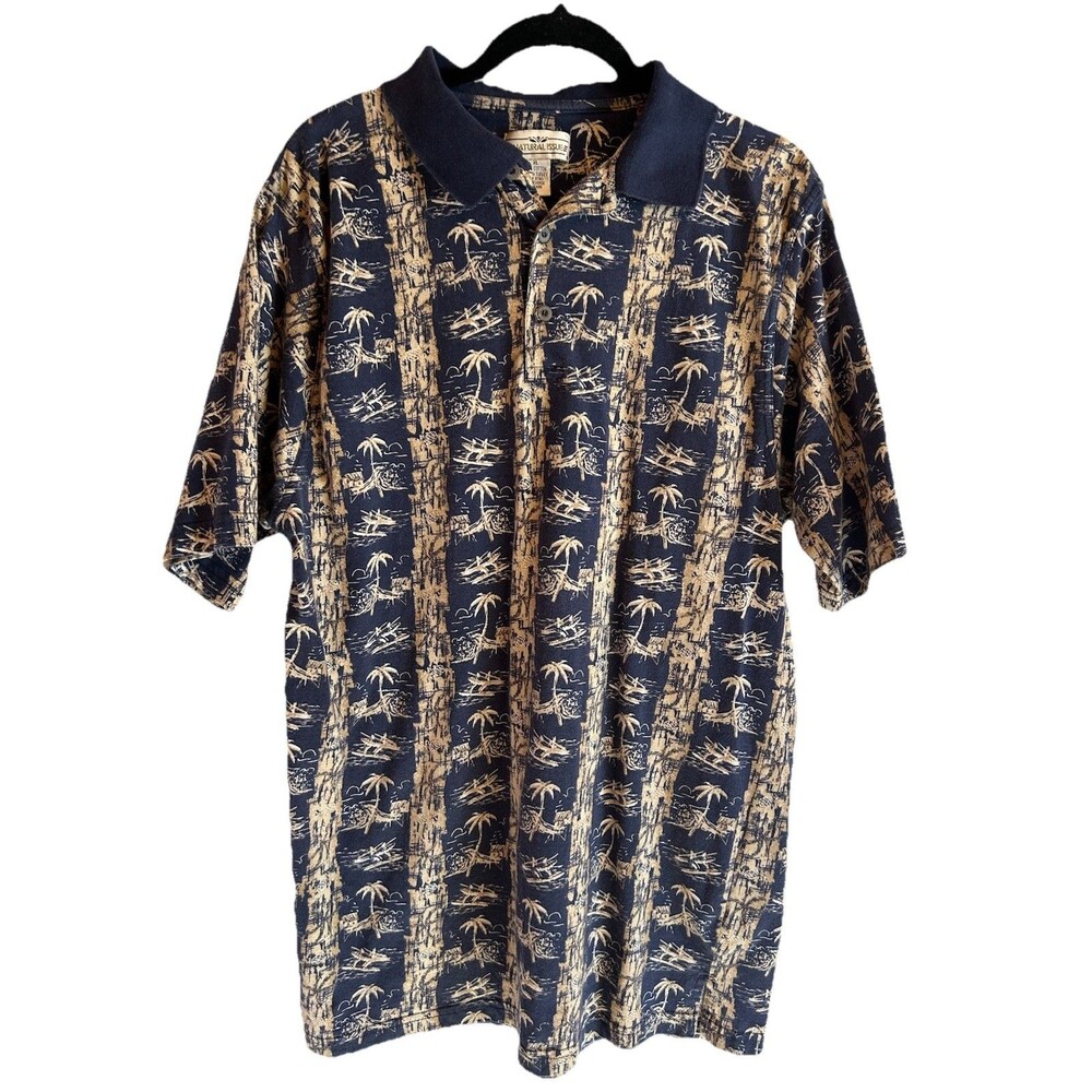 Natural Issue Mens XL Tropical Polo Shirt Blue With Palm Tree Short Sleeve